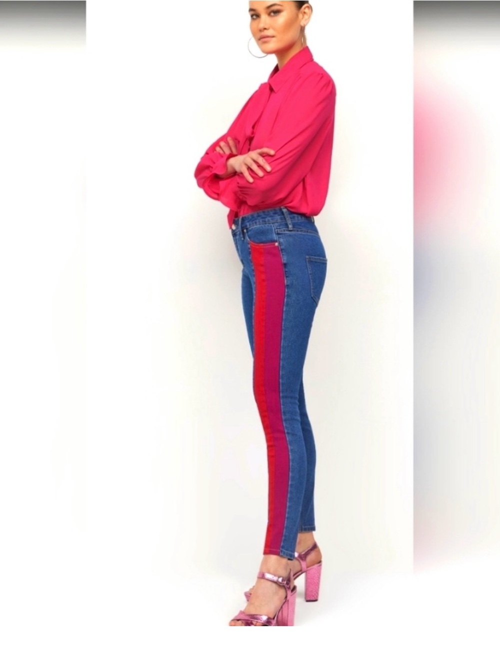 New York & Company Blue Skinny Jeans with Red Side Stripe Womens Size 2